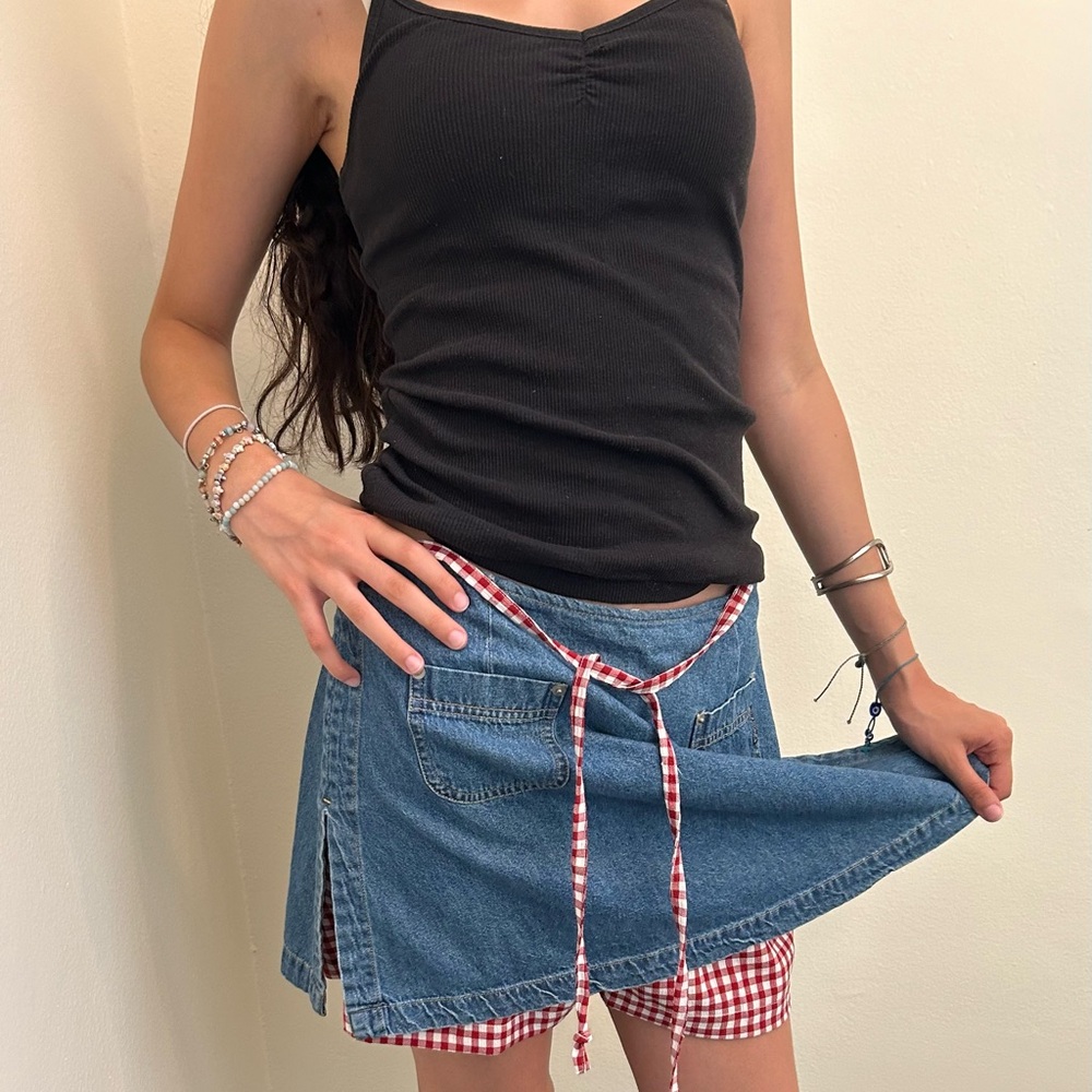 Denim Jean skirt with red and white checkered shorts underneath and tie belt